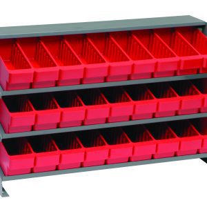 The Quantum Pick Rack is a bench-style organizer with three shelves, measuring 12-1/2L x 36W x 23H. It includes 27 Qed501 red bins and holds up to 250 lbs, perfect for small item organization against a white background.