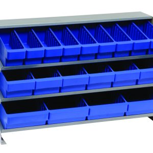 The Quantum Pick Rack is a bench-style, sloped metal shelving unit measuring 12-1/2L x 36W x 23H, with three shelves and includes 27 blue Qed501 bins for organized and easy access storage.