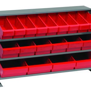 The Quantum Pick Rack features a sloped, bench-style design with three shelves and 27 red Qed501 bins. Its dimensions are 12-1/2L x 36W x 23H, offering efficient storage for small items on a sturdy gray metal frame with a capacity of 250 lbs.