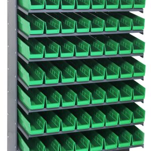 The Quantum Pick Rack is a sturdy, single-sided galvanized steel storage system measuring 18D x 36W x 60H. It features eight sloped shelves and contains 64 QSB103 green bins, designed for easy access to stored items, with a total capacity of 400 lbs.