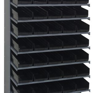 The Quantum Pick Rack is a sloped, single-sided shelving unit made of galvanized steel, measuring 18D x 36W x 60H. It features eight shelves with a total of 40 QSB104 black bins and supports up to 400 lbs., perfect for efficient organization in workshops or storage areas.