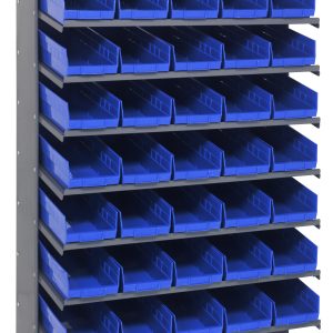 The Quantum Pick Rack is a slopped, single-sided, 18D x 36W x 60H shelving unit made of galvanized steel with a 400 lbs. capacity, including 8 shelves and 40 QSB104 blue bins. Each shelf has five open-front bins for easy access to small items.