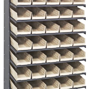 The Quantum Pick Rack is a single-sided, sloped metal storage unit measuring 18D x 36W x 60H. It features eight shelves and includes forty QSB104 ivory open-front bins, organized in five rows, making it ideal for sorting small items or tools.