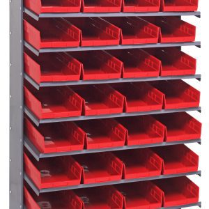 The Quantum Pick Rack features a sloped, single-sided design with dimensions of 18D x 36W x 60H and holds up to 400 lbs. It includes eight shelves with thirty-two QSB108 red bins, arranged as nine organized bins per row, ideal for tools or small parts on a galvanized steel frame.