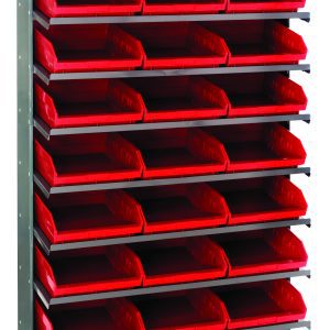 The Quantum Pick Rack is a sloped, single-sided shelving unit made of galvanized steel with a 400 lbs. capacity. It features eight shelves and 24 open-top QSB109 red bins, measuring 12D x 36W x 60H, offering easy access and functionality against a white background.