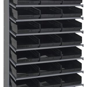 The Pick Rack is a sloped, single-sided rack measuring 18D x 36W x 60H, with a sturdy galvanized steel construction that supports up to 400 lbs. It features eight shelves containing 24 QSB110 black bins, ideal for efficiently organizing small items or tools.