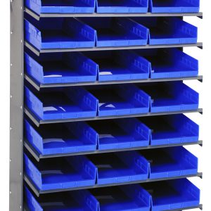 A sloped, single-sided Pick Rack measuring 18D x 36W x 60H, with a 400 lb capacity, features (8) shelves and (24) QSB110 blue bins. Its galvanized steel frame ensures efficient support and organized storage.