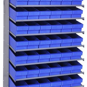 Introducing the Pick Rack: a sloped, single-sided unit measuring 18D x 36W x 60H with eight shelves and 48 QED602 blue bins. Made from galvanized steel, it supports up to 400 lbs., offering front access for efficient organization of small parts or tools.