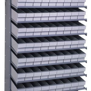 The Pick Rack features a single-sided, sloped design with 8 shelves and holds 72 QED604 gray bins. Measuring 18D x 36W x 60H, it has a capacity of 400 lbs., offering organized storage on two stable legs. Made from galvanized steel for durability.