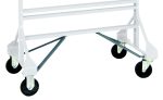 The Rail Rack Mobile Kits white metal frame, with a triangular support pattern, includes four black caster wheels for easy mobility and stability, making it perfect for double-sided systems. The image showcases the lower frame and wheels.