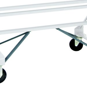 The Rail Rack Mobile Kits white metal frame, with a triangular support pattern, includes four black caster wheels for easy mobility and stability, making it perfect for double-sided systems. The image showcases the lower frame and wheels.