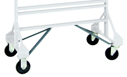 The Rail Rack Mobile Kits white metal frame, with a triangular support pattern, includes four black caster wheels for easy mobility and stability, making it perfect for double-sided systems. The image showcases the lower frame and wheels.