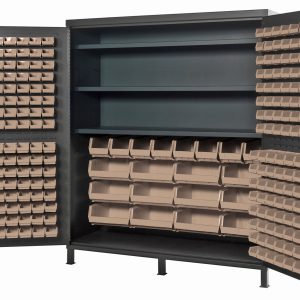 The Quantum Heavy-Duty 72 Bin Cabinet, featuring a 500 lb. capacity per interior shelf and measuring 72W x 24D x 84H, showcases open doors with neatly organized bins. Includes (3) adjustable shelves, plus (32) QUS232, (32) QUS236, (8) QUS240, and (12) QUS250 ivory bins in a gray powder-coated finish.