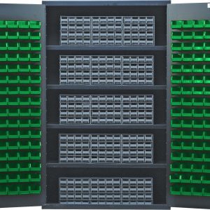 The Quantum Heavy-Duty 48 Bin Cabinet features open doors with rows of gray compartments and green bins. It is crafted from 14-gauge all-welded construction, measures 48W x 24D x 78H, and has a load capacity of 400 lb. per shelf to ensure sturdy organization with (4) shelves, (15) Interlocking drawers, and (128) bins.