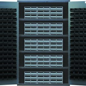 The Quantum Heavy-Duty 48 Bin Cabinet features all-welded 14 gauge construction with (4) shelves and a 400 lb. load capacity per shelf. It includes (15) Qic-64 gray interlocking drawers and (128) Qus210 black bins, offering organized storage. Dimensions are 48W x 24D x 78H.