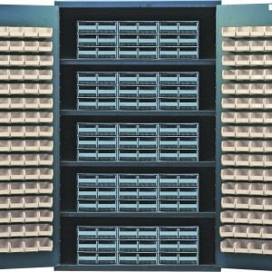 The Quantum Heavy-Duty 48 Bin Cabinet features open doors that reveal numerous gray interlocking drawers and ivory bins, perfect for organizing tiny parts. With 14-gauge all-welded construction and a 400 lb load capacity per shelf, its ideal for industrial settings needing reliable storage.