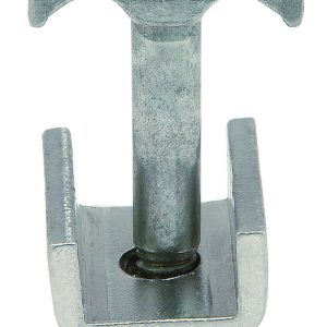Close-up of the Quantum Solid Shelf Clamp, featuring a metallic T-shaped head and threaded bolt. Its U-shaped base grips surfaces securely, while the aluminum finish and galvanized surface offer a sleek, shiny appearance.