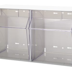 The Quantum Tip Out Bin is a dual-compartment plastic clear container with a polystyrene white cabinet. It features a 45° angle opening, handle with label slot, and circular and rectangular holes for easy wall mounting. Made in the USA.