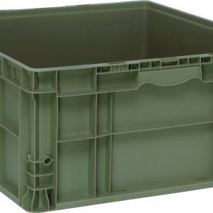The Quantum Stacker Straight Wall Container, measuring 24L x 22-1/2W x 11H, is made from injection molded high-density polyethylene and supports up to 175 lbs. Its built-in hand grips make it ideal for organizing or transporting items.
