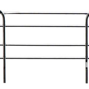The Quantum Side Ledge, 14D x 4H, features two long parallel metal rods with bent ends and upright supports that resemble a wire toast rack. The chrome-plated finish and minimalist design stand out against a white background.