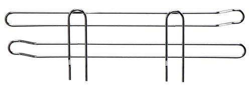 The Quantum Side Ledge, 14D x 4H, features two long parallel metal rods with bent ends and upright supports that resemble a wire toast rack. The chrome-plated finish and minimalist design stand out against a white background.