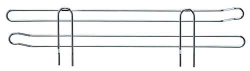 The Quantum Side Ledge features a simple, geometric structure with two intertwined 304 stainless steel rods, parallel and interconnected at the center, boasting loops at each end. This symmetrical piece against a white background measures 21D x 4H.