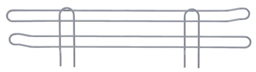 The Quantum Side Ledge is a minimalist wire rack with two horizontal bars and vertical supports, featuring a sleek silver design. It includes side ledge for item security and is coated with gray epoxy antimicrobial finish for durability and cleanliness. Size: 24D x 4H.
