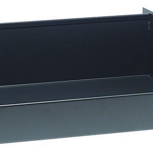 The Quantum Removable Tray Truck Tray is a black steel, rectangular storage box with a side handle and closed front, measuring 36W x 9D x 3H. Its ideal for organizing and can fit the Removable Tray Truck if necessary.
