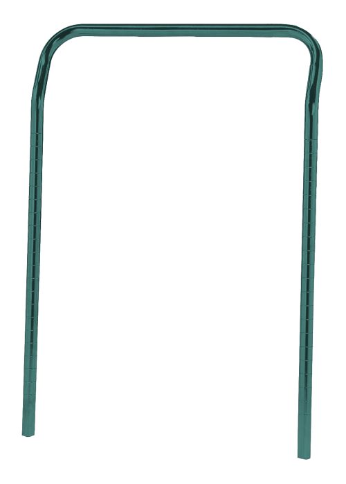 UH21P.jpg The Quantum U-Handle, measuring 21W x 32H, boasts a green metal frame with an antimicrobial epoxy finish, featuring two vertical legs and a curved top bar reminiscent of a handrail against the plain white background.