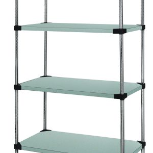 The NSF-certified Quantum Solid Shelving Starter Kit, 36W x 14D x 54H, supports 300 - 600 lbs. and includes four solid stainless steel shelves and four posts, making it ideal for storage or display.