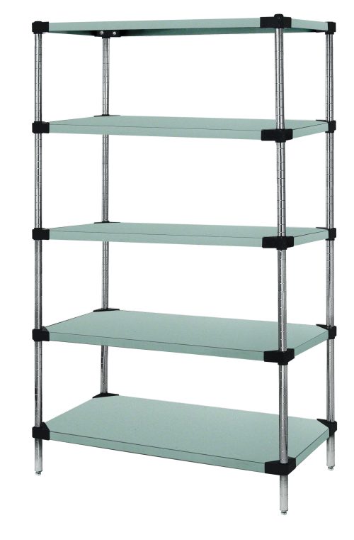 Presenting the Quantum Solid Shelving Starter Kit: a 36W x 14D x 54H five-tier unit with a 300-600 lb capacity. Includes five solid shelves and four posts, made of 304 stainless steel for stylish and efficient space organization. NSF certified and shipped knocked down (KD).