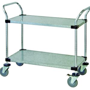 The Quantum Utility Cart measures 36W x 18D x 37-1/2H and features an open base design with two galvanized solid shelves. It has U-shaped chrome-plated handles and rolls smoothly on four 5 polyurethane swivel casters, with brakes on two wheels, and includes donut bumpers for protection.