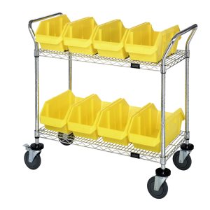 The Quantum Utility Cart, 36W x 18D x 37-1/2H, includes two wire shelves and eight yellow QP1285 bins (12-1/2W x 8-3/8D x 5H) arranged in two rows. It has four caster wheels, with two swivel and two with brakes for stability. The chrome-plated finish cart is shipped KD.