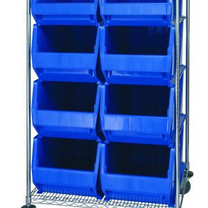 The Quantum Bin Systems Unit is a 36W x 30D x 69H chrome rack with (2) wire shelves and is supported by (4) posts. It includes swivel casters for mobility, houses (8) blue autoclavable bins, and features an open-front design for easy access to stored items.