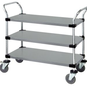 The Quantum Utility Cart, measuring 36W x 18D x 37-1/2H, features U shaped handles, an open base, and three solid shelves. Made of 304 stainless steel with donut bumpers, it includes four 5 polyurethane swivel casters (two with brakes) for easy maneuverability and storage.