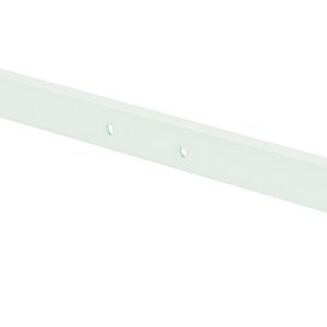 The Quantum Partition Wall Hang Bar is a light green metal bracket, 36L, with mounting holes, designed to mount louvered panels to Partition Wall Systems. Its flat shape with two perpendicular ends allows for secure attachment.