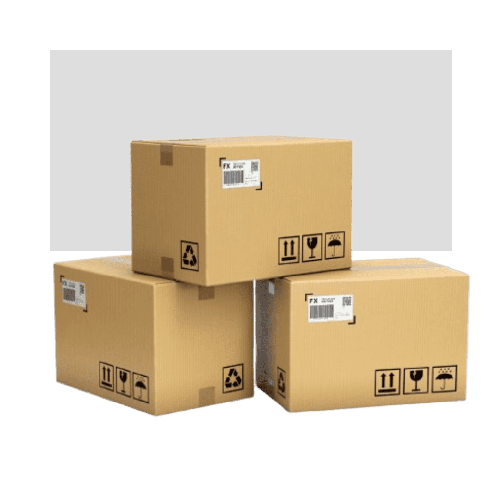 Three stacked cardboard boxes with MH USA shipping labels and handling symbols, including fragile and keep dry icons, on a gray background.