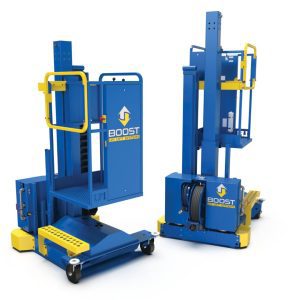 Two BOOST™ Lifts, compressed air-powered platforms designed for paint booths and hazardous environments, are shown from various angles on a white background.