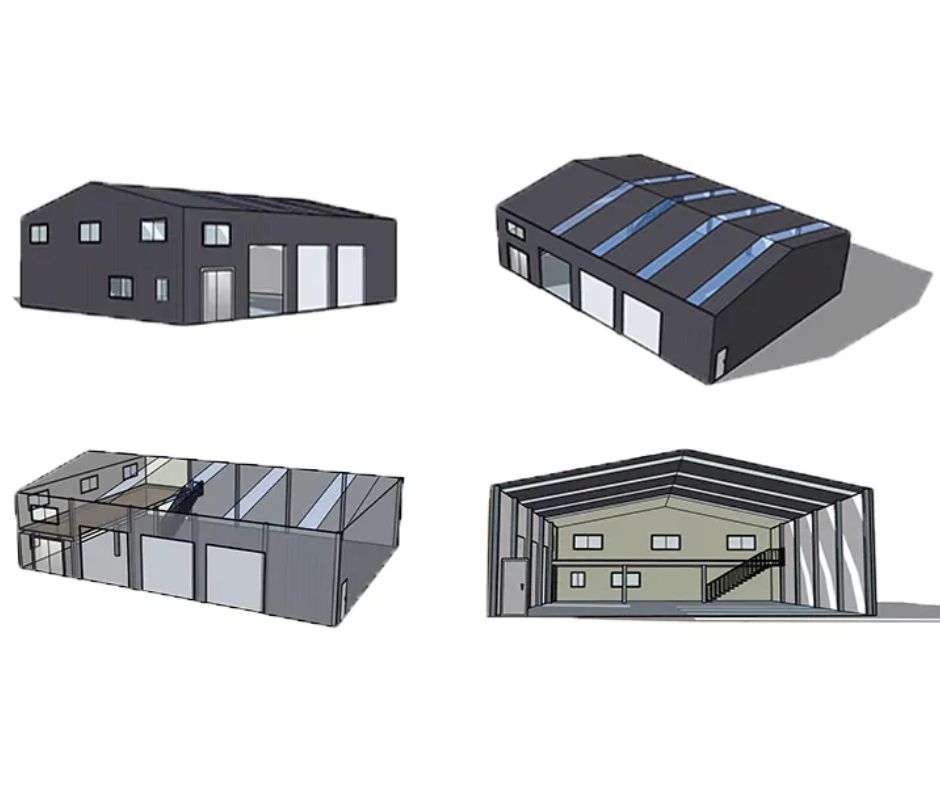 Four simple architectural renderings of a modern industrial building, ideal for rapid deployment warehouse or seasonal overflow storage needs, with large windows, skylights, and an open layout featuring a mezzanine and stairs.