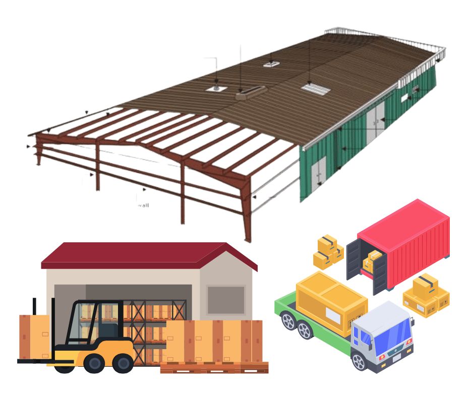 A graphic showing a metal warehouse building, a forklift loading=