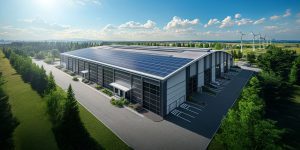 A large, modern industrial building with solar panels on the roof showcases sustainable warehouse design and is surrounded by trees. Wind turbines are visible in the distance under a sunny, blue sky with scattered clouds.