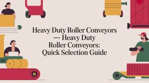 Illustration of people using roller conveyors with boxes, surrounding the text: Heavy Duty Roller Conveyors — Heavy Duty Roller Conveyors: Quick Selection Guide on a light background.