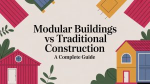 Illustration of colorful modular and traditional house buildings framing the text “Modular Buildings vs Traditional Construction: A Complete Guide” on a light background with plants.