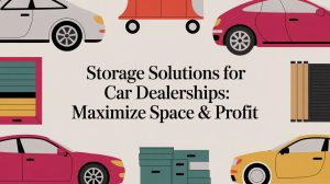 Illustration of cars and storage units surrounding text that reads, Storage Solutions for Car Dealerships: Maximize Space & Profit on a light background.