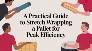 Four illustrated people hold packaging materials around the text, “A Practical Guide to Stretch Wrapping a Pallet for Peak Efficiency.” One person also places their hand on a stacked pallet box.
