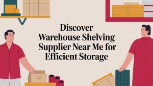 Two illustrated people stand near shelving units and storage boxes. Large text reads: Discover Warehouse Shelving Supplier Near Me for Efficient Storage. The scene suggests organization and storage solutions.